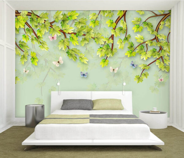 Fotomurales Fotomurales Hojas verdes y mariposas sobre fondo blanco (SKU: u38526)