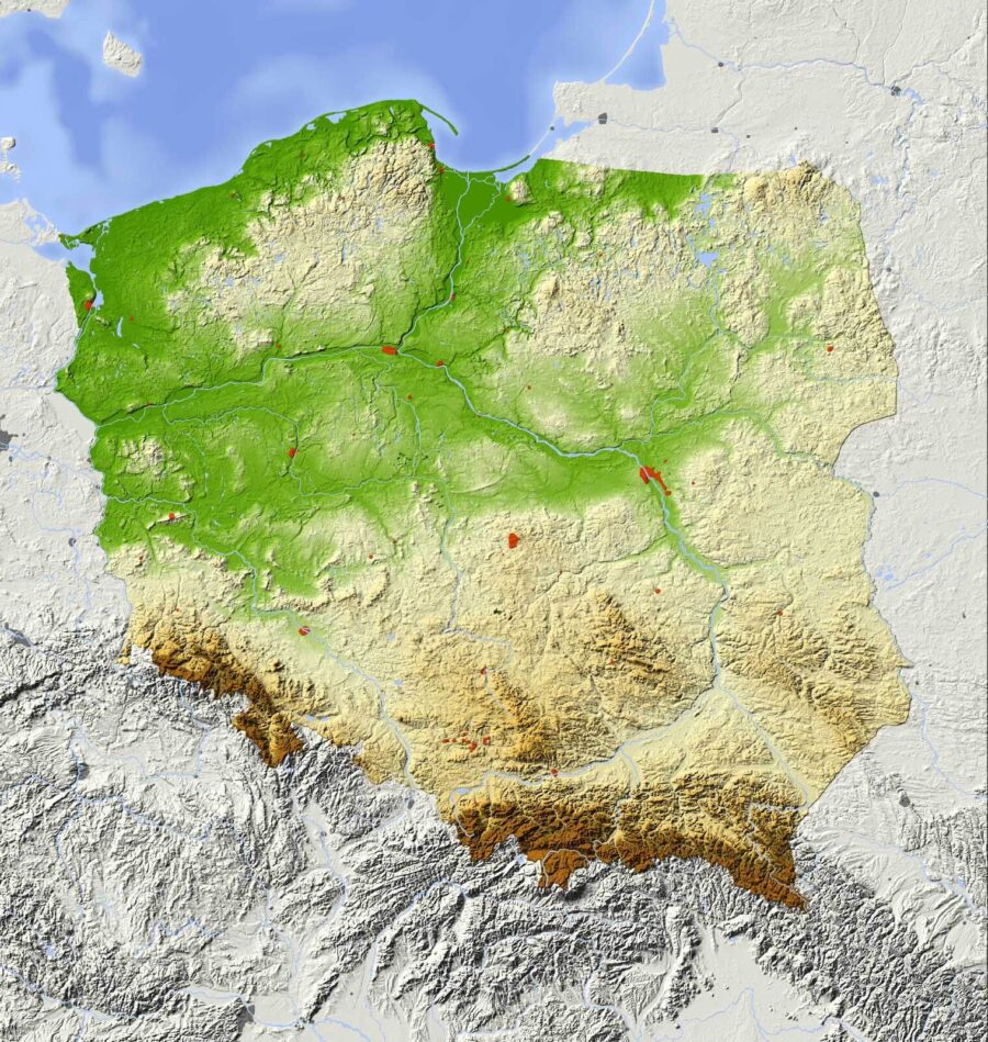 Mapa de polonia con tierra y agua