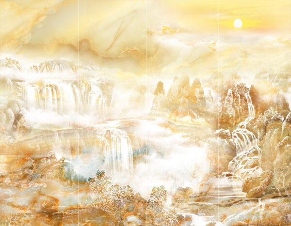 Pintura de una cascada y montañas Pintura de una cascada y montañas