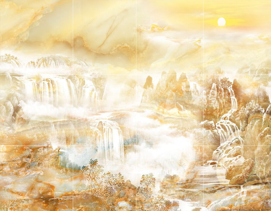 Pintura de una cascada y montañas