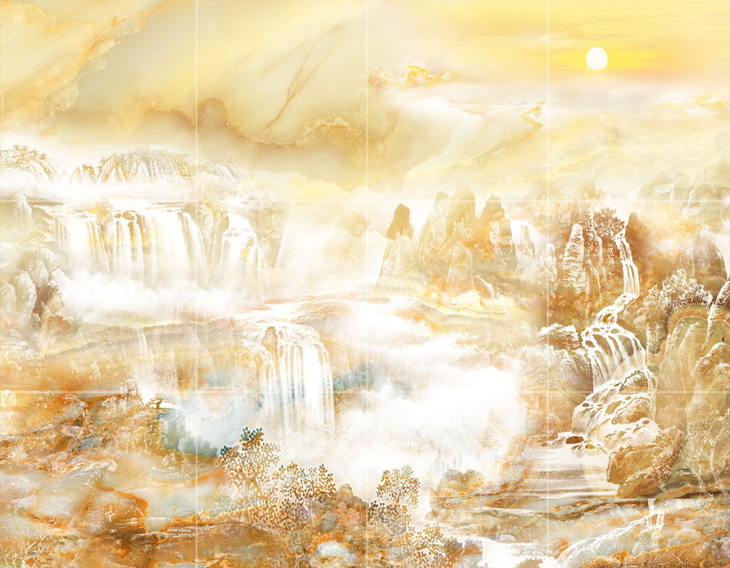 Pintura de una cascada y montañas Pintura de una cascada y montañas