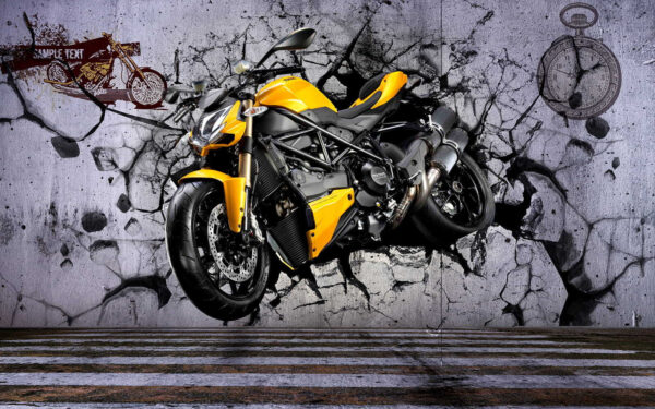 Yellow motorcycle on a wall