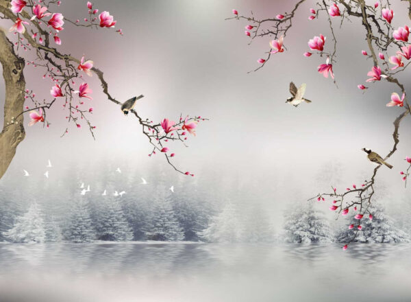 Ramas de árboles con flores rosas y pájaros volando sobre el agua Ramas de árboles con flores rosas y pájaros volando sobre el agua