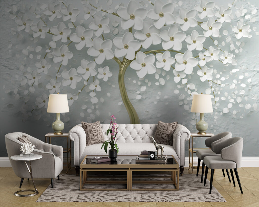 Tree with white flowers on a grey background