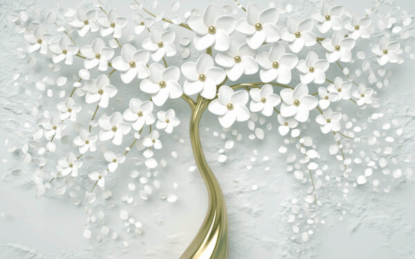 Tree with white flowers on a grey background