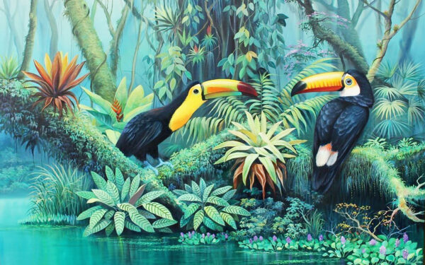 Pintura de pájaros en un bosque Pintura de pájaros en un bosque