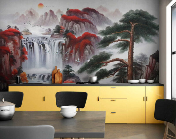 Pintura de una cascada y árboles Pintura de una cascada y árboles