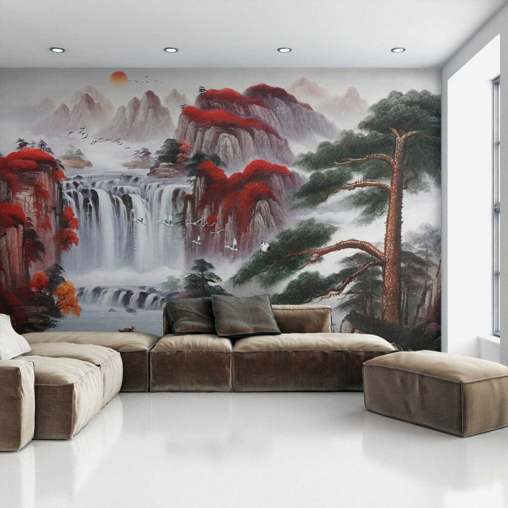 Painting of a waterfall and trees