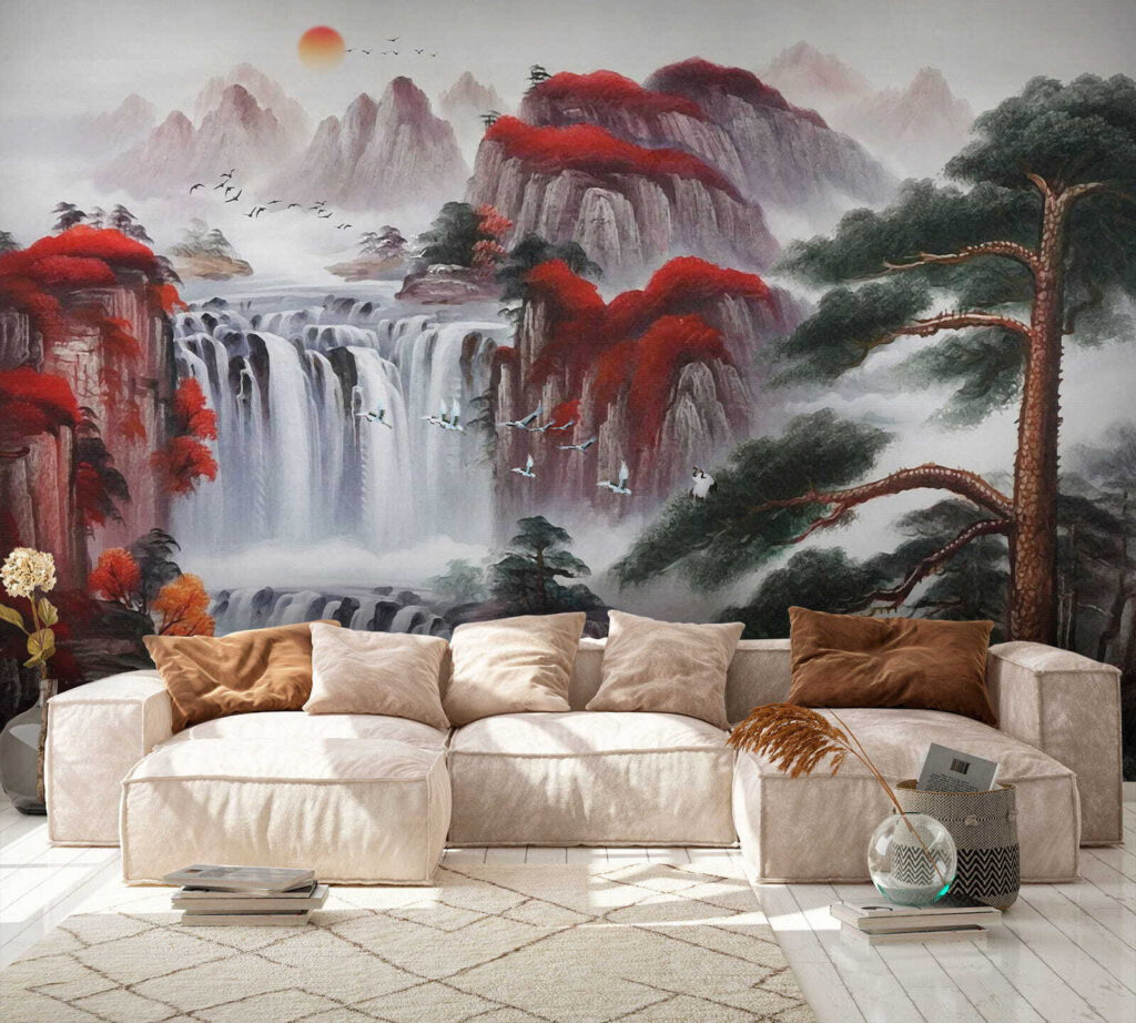 Painting of a waterfall and trees