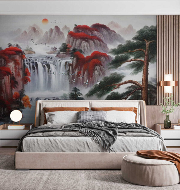 Pintura de una cascada y árboles Pintura de una cascada y árboles