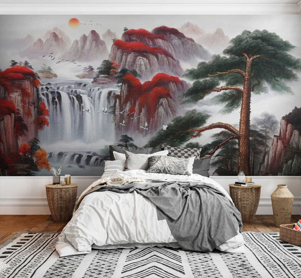Painting of a waterfall and trees