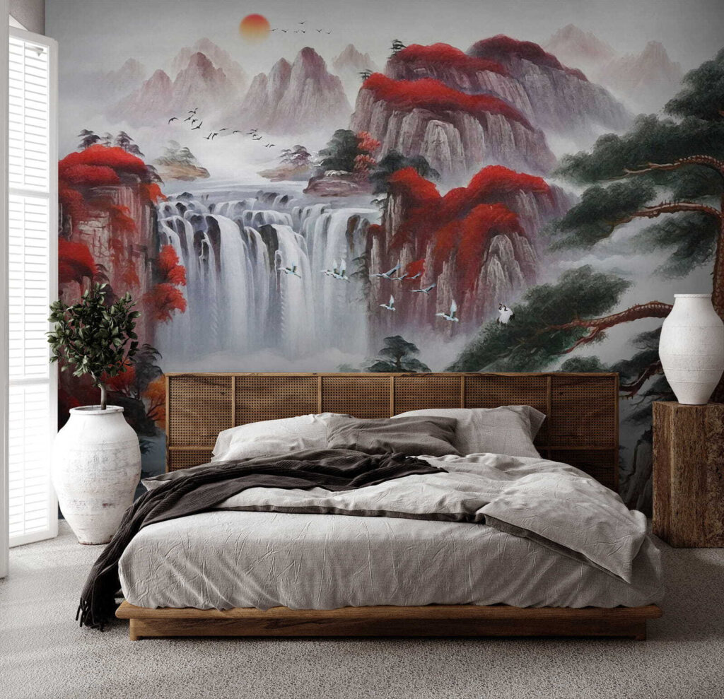 Painting of a waterfall and trees