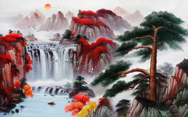 Pintura de una cascada y árboles Pintura de una cascada y árboles