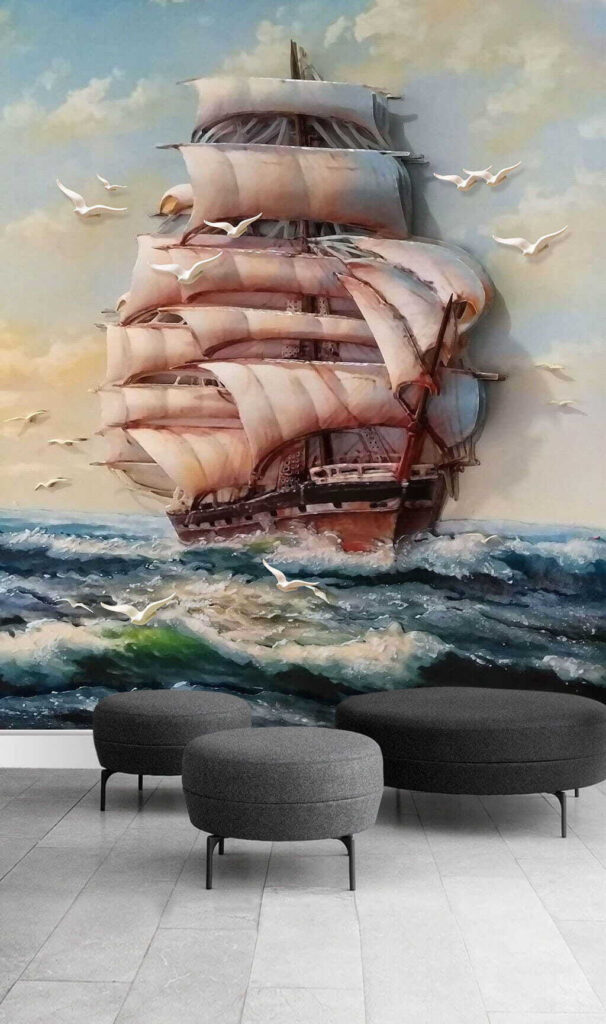 Pintura de un barco con velas y pájaros volando u34241pih1 606x1024 - Pintura de un barco con velas y pájaros volando