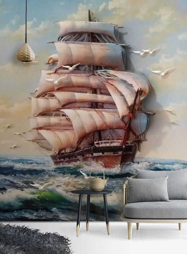 Pintura de un barco con velas y pájaros volando u34241pig1 600x814 - Pintura de un barco con velas y pájaros volando