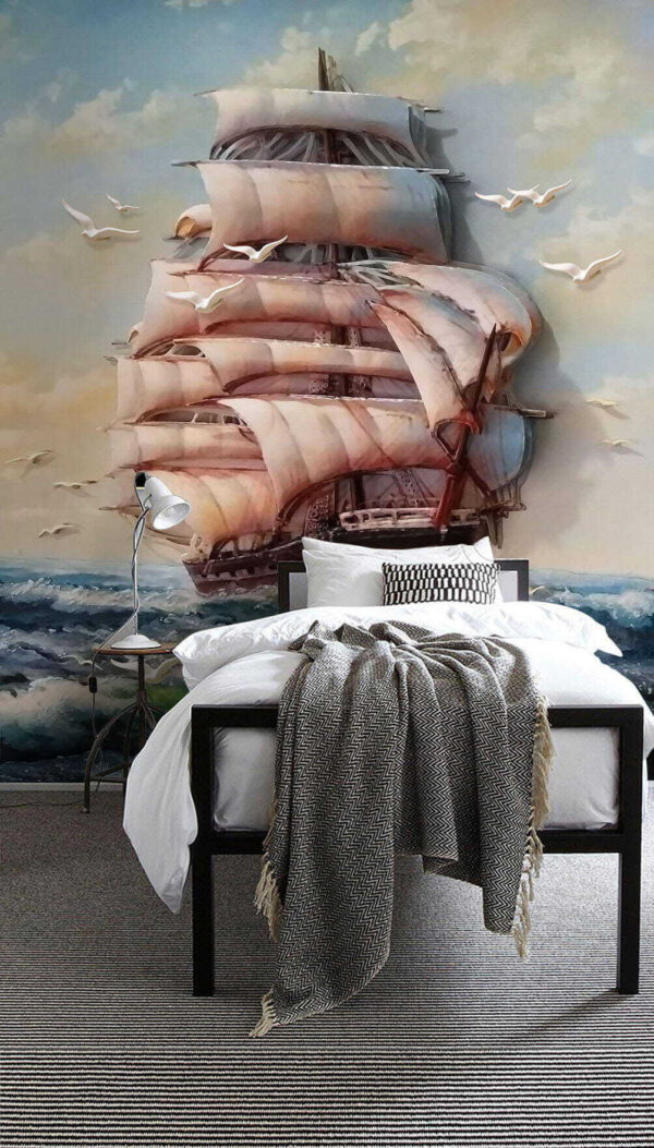 Pintura de un barco con velas y pájaros volando u34241pib1m 600x1053 - Pintura de un barco con velas y pájaros volando