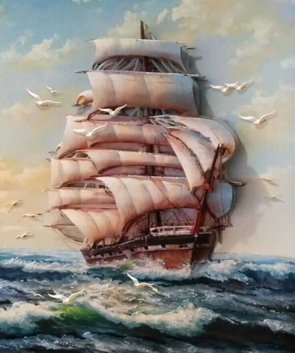 Pintura de un barco con velas y pájaros volando u34241p 600x719 - Pintura de un barco con velas y pájaros volando