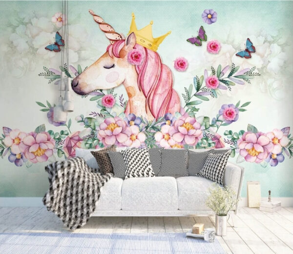 Unicornio de acuarela con corona y flores Unicornio de acuarela con corona y flores