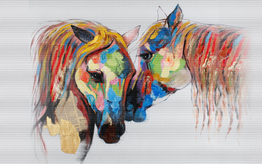 Un cuadro de caballos pintados de colores