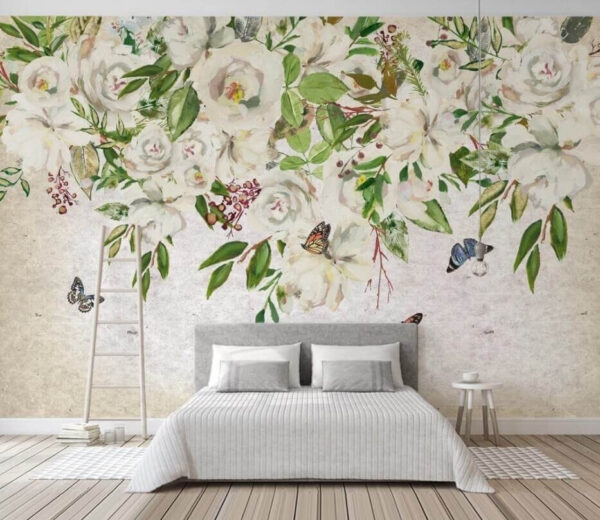Fotomurales Fotomurales Pintura de flores blancas y mariposas (SKU: u33223)