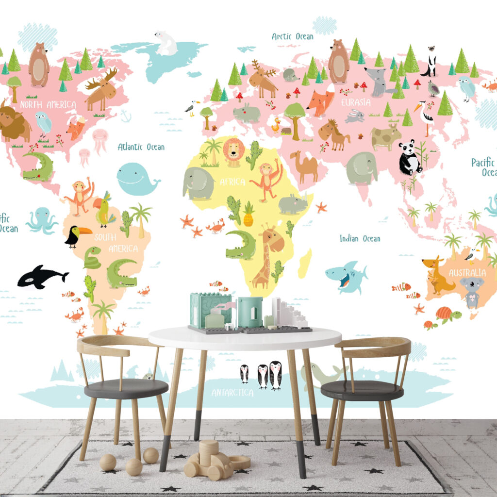 Map of the world with animals