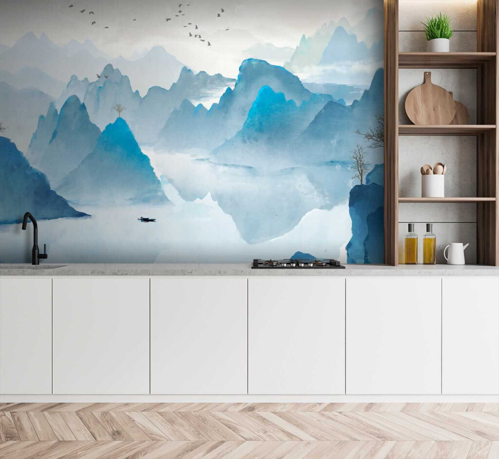 Watercolor painting of mountains and birds Watercolor painting of mountains and birds