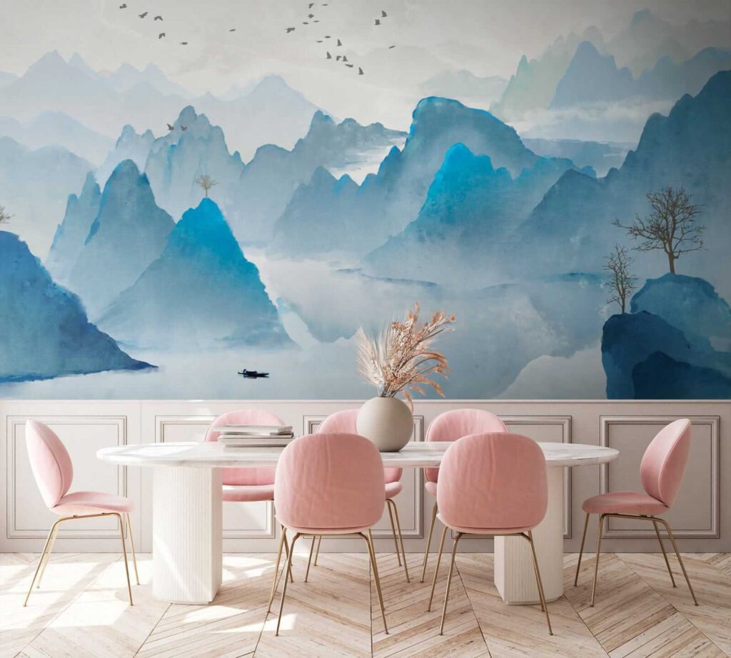 Watercolor painting of mountains and birds Watercolor painting of mountains and birds