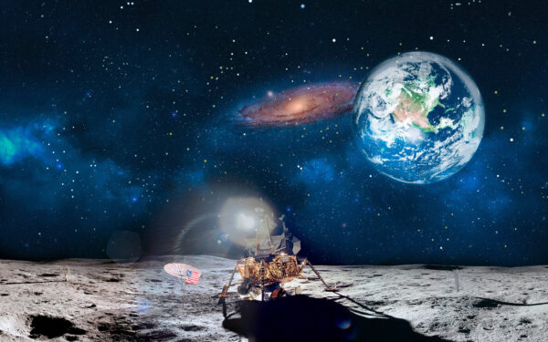 Luna con un planeta y estrellas y un planeta al fondo Luna con un planeta y estrellas y un planeta al fondo