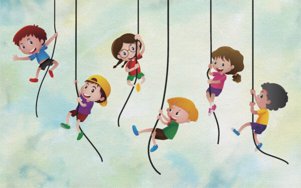 Grupo de niños trepando por cuerdas Grupo de niños trepando por cuerdas