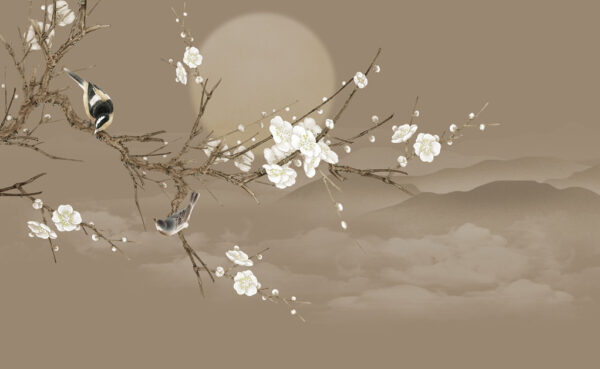 Tree branch with white flowers and a bird on it