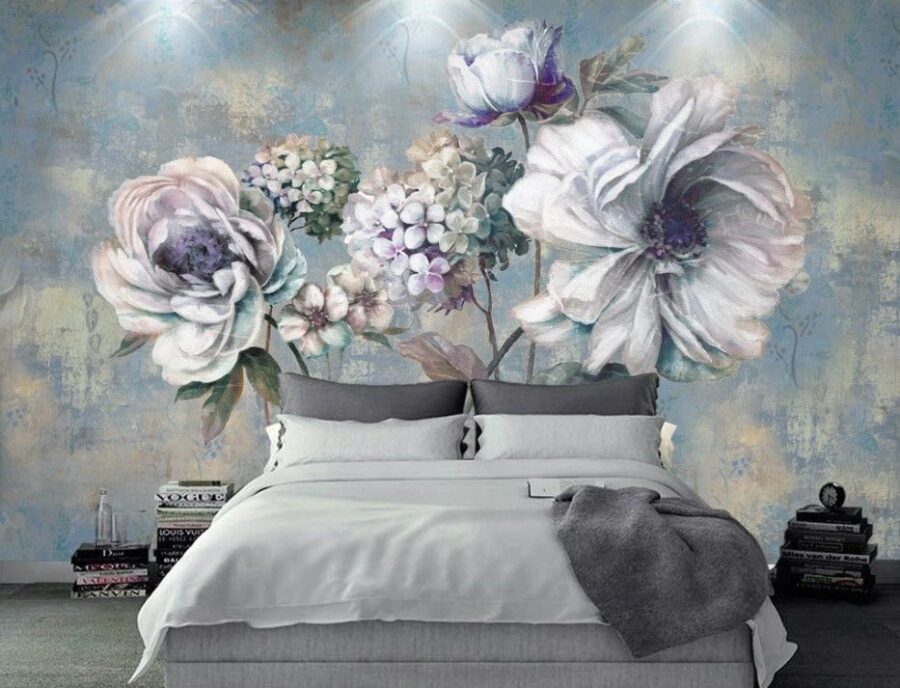 Pintura de flores sobre fondo azul