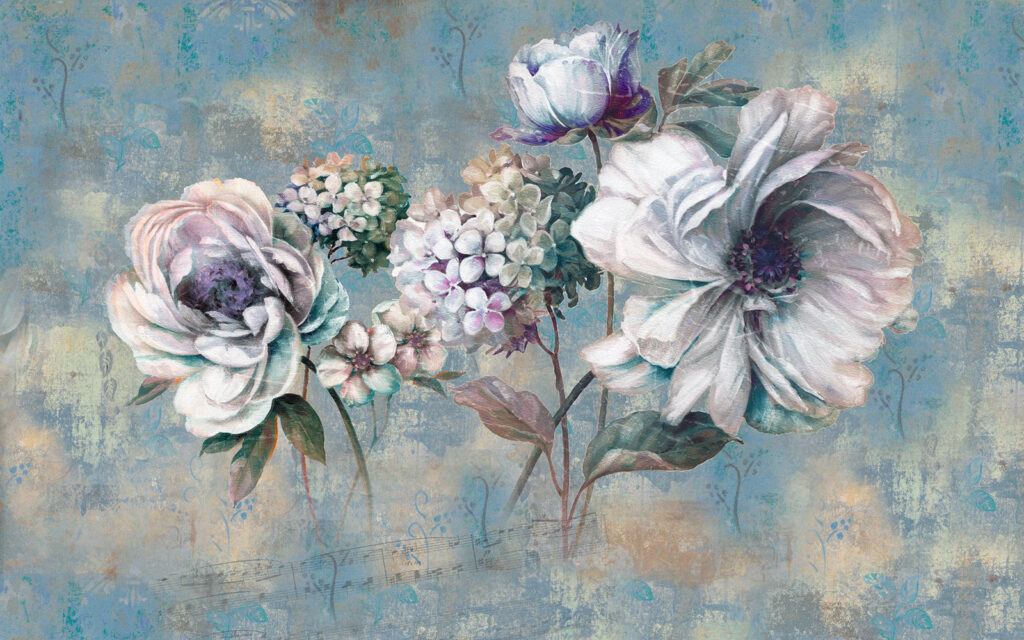 Pintura de flores sobre fondo azul Pintura de flores sobre fondo azul