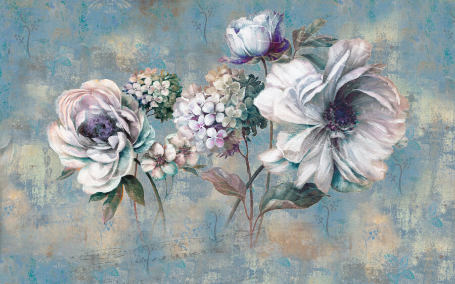 Pintura de flores sobre fondo azul
