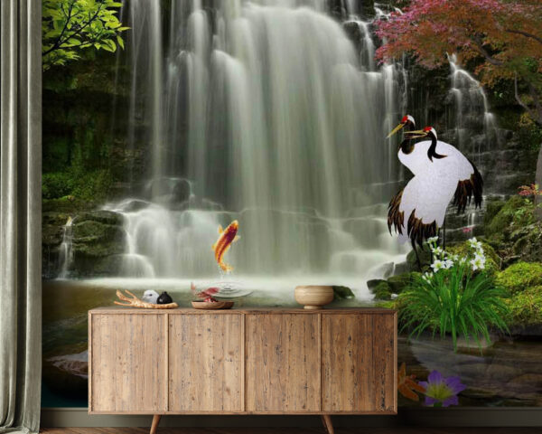Cascada con pájaros y peces Cascada con pájaros y peces