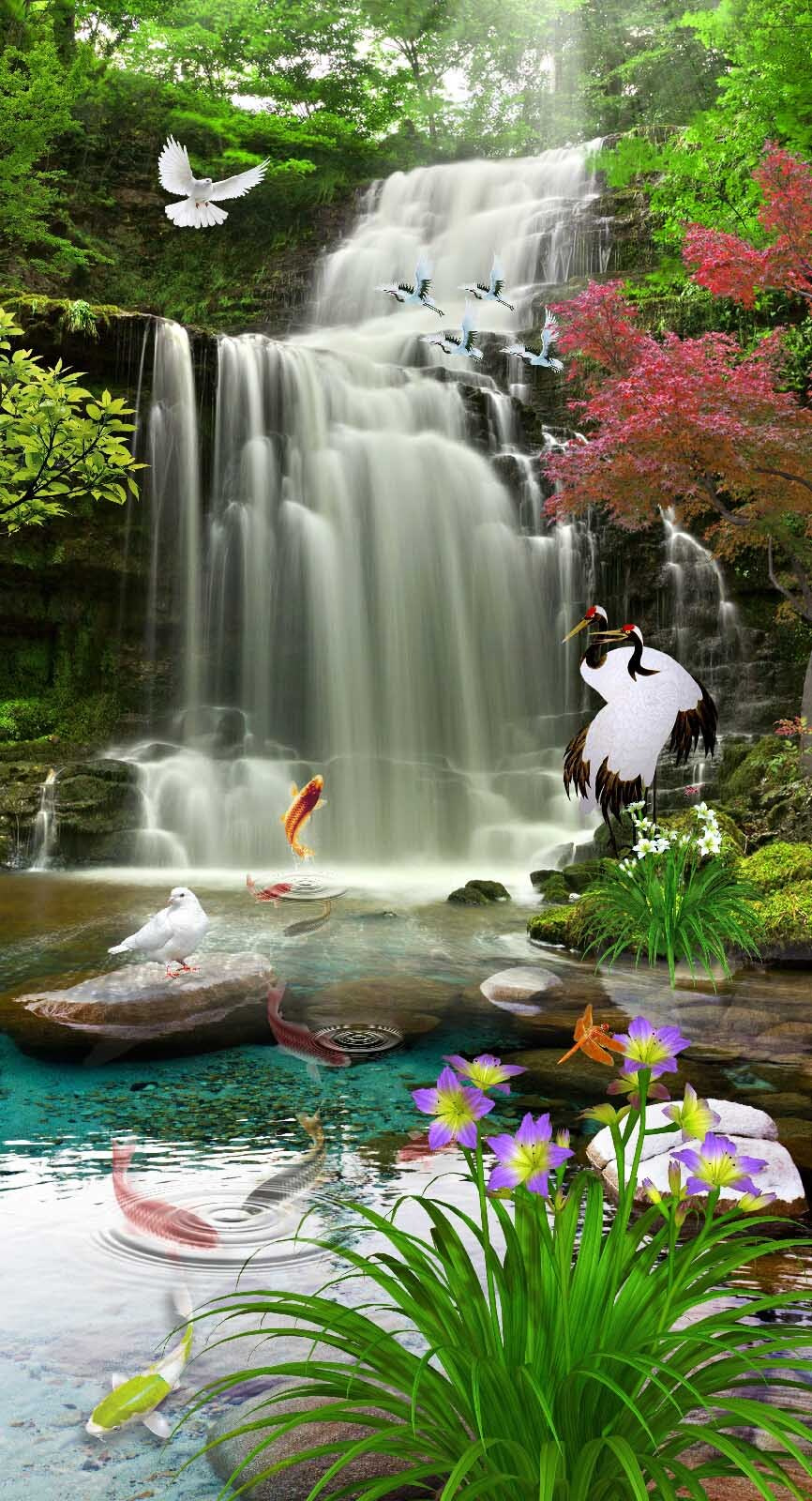 Cascada con pájaros y peces