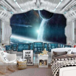 Fotomurales Habitación con mosquiteras y vista de la tierra desde la ventana