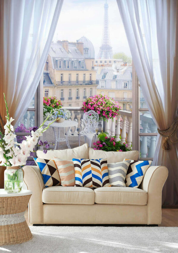 Vista de un balcón con la torre eiffel desde la ventana Vista de un balcón con la torre eiffel desde la ventana