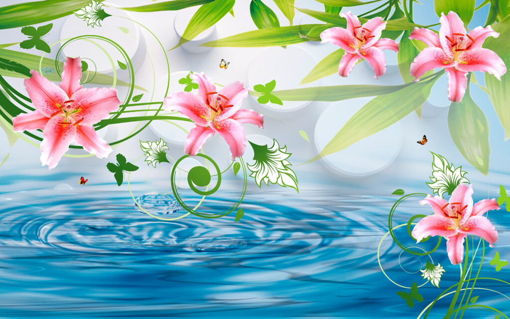 Flores rosas y hojas verdes sobre el agua Flores rosas y hojas verdes sobre el agua