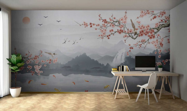 Pintura de un río con una cascada y pájaros Pintura de un río con una cascada y pájaros