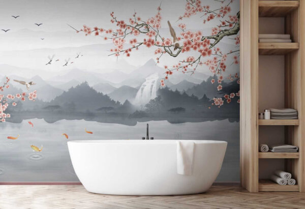 Pintura de un río con una cascada y pájaros Pintura de un río con una cascada y pájaros