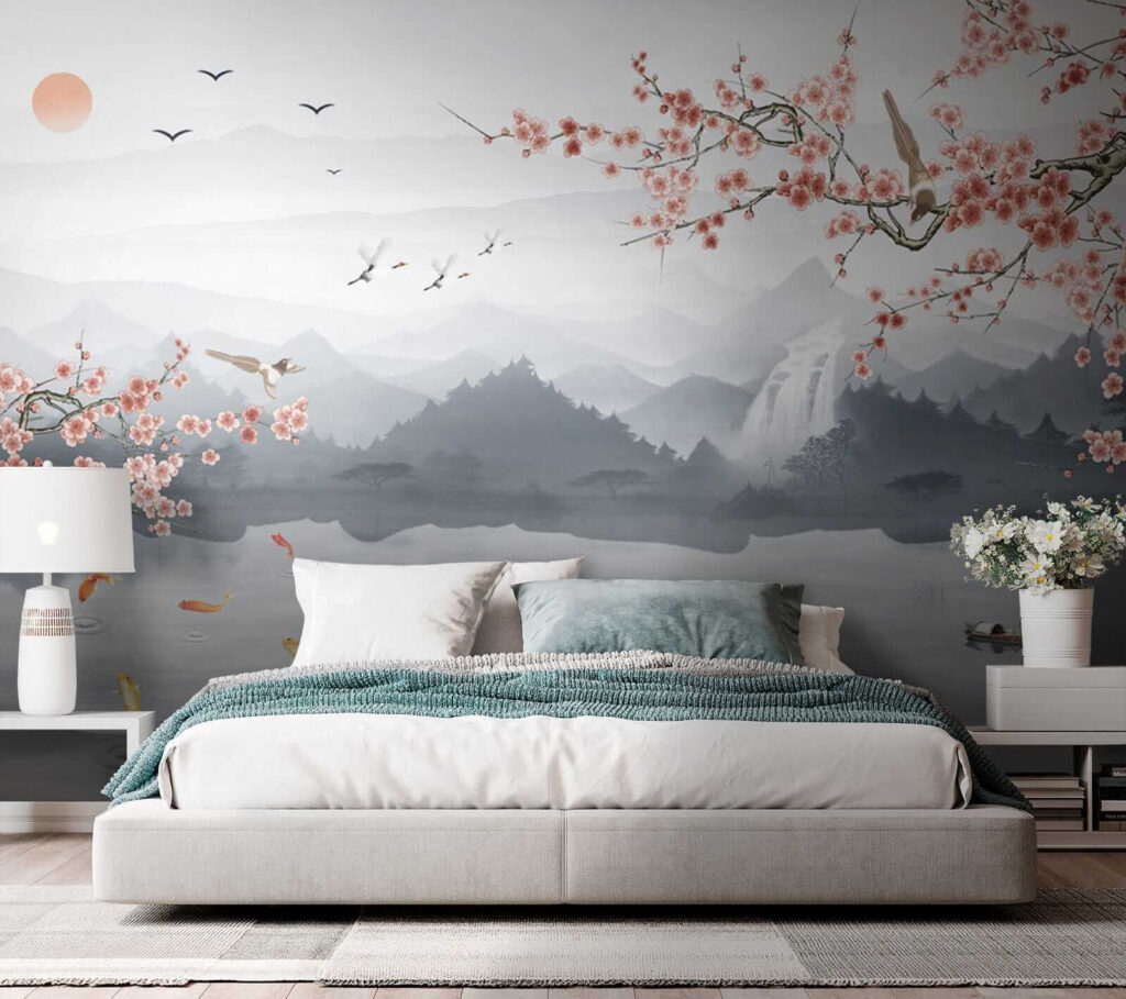 Painting of a river with a waterfall and birds