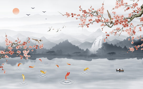 Pintura de un río con una cascada y pájaros Pintura de un río con una cascada y pájaros