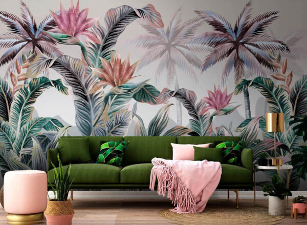Papel pintado con palmeras y flores Papel pintado con palmeras y flores