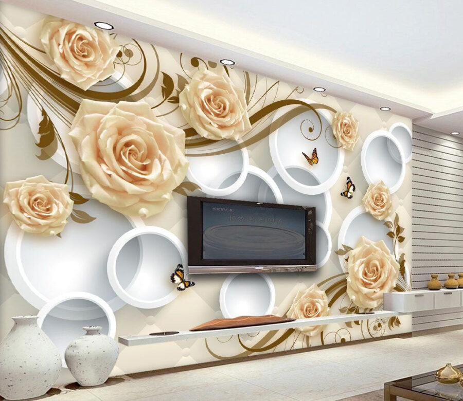 Papel pintado con rosas y mariposas