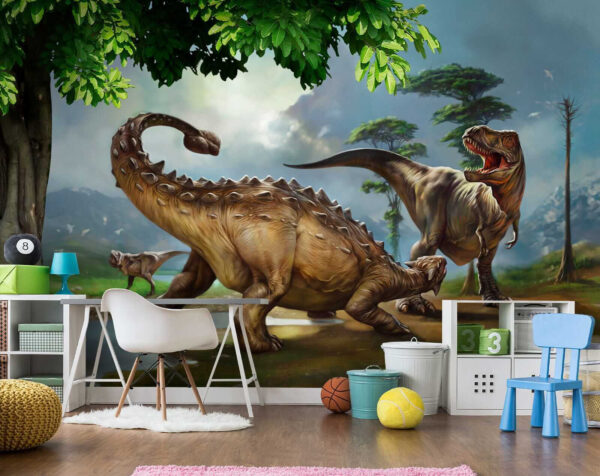 Pintura de dinosaurios cerca de un río Pintura de dinosaurios cerca de un río