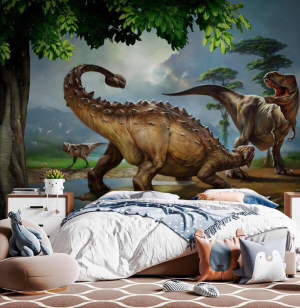 Pintura de dinosaurios cerca de un río Pintura de dinosaurios cerca de un río