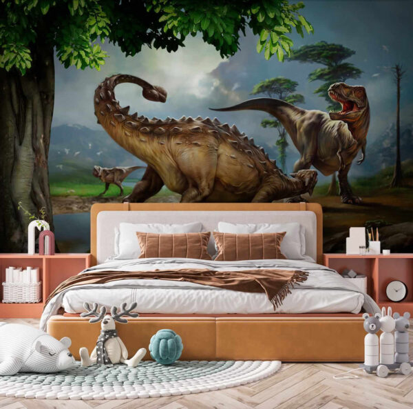 Pintura de dinosaurios cerca de un río Pintura de dinosaurios cerca de un río
