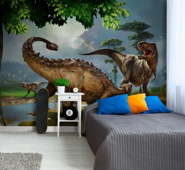 Pintura de dinosaurios cerca de un río Pintura de dinosaurios cerca de un río