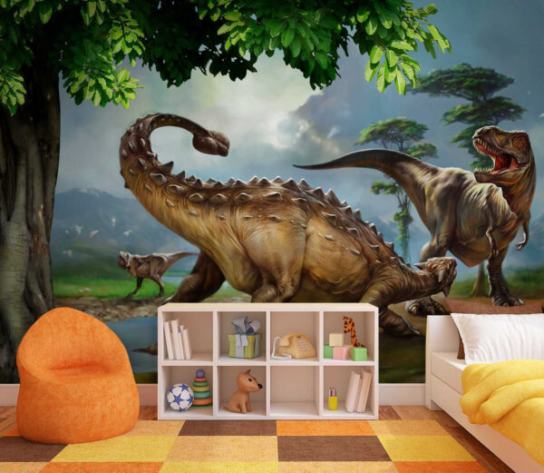 Pintura de dinosaurios cerca de un río Pintura de dinosaurios cerca de un río