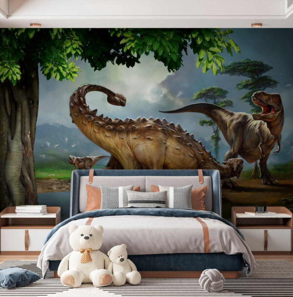 Pintura de dinosaurios cerca de un río Pintura de dinosaurios cerca de un río